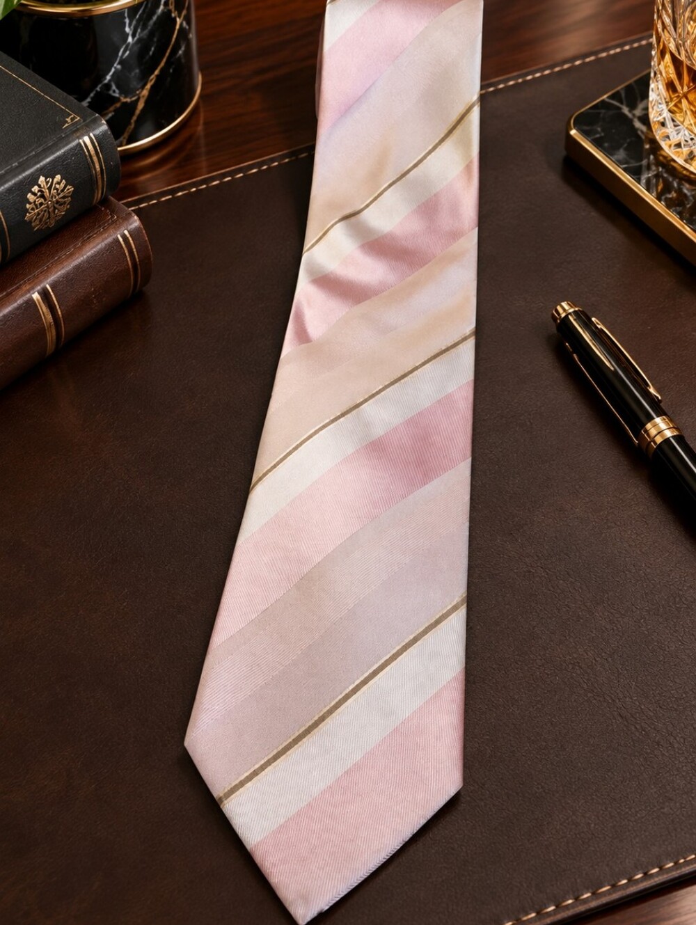 Hugo Boss 100% Silk, Made In Italy.Pink, Cream and Gold Striped Tie
